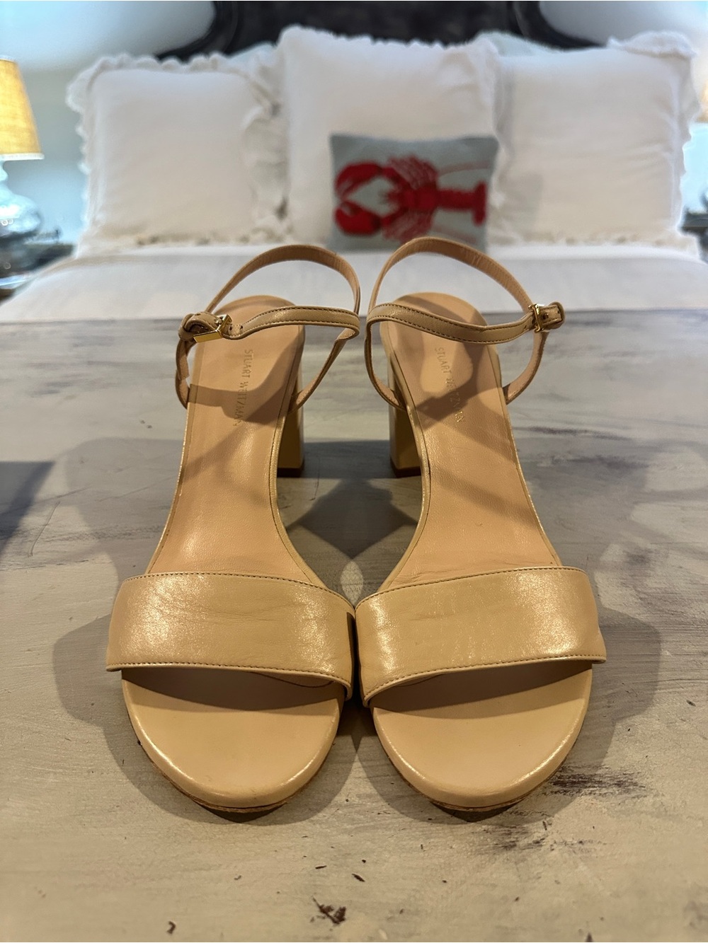 Stuart Weitzman Solo Leather Block Heel Nude Sandal - Picture 2 of 5